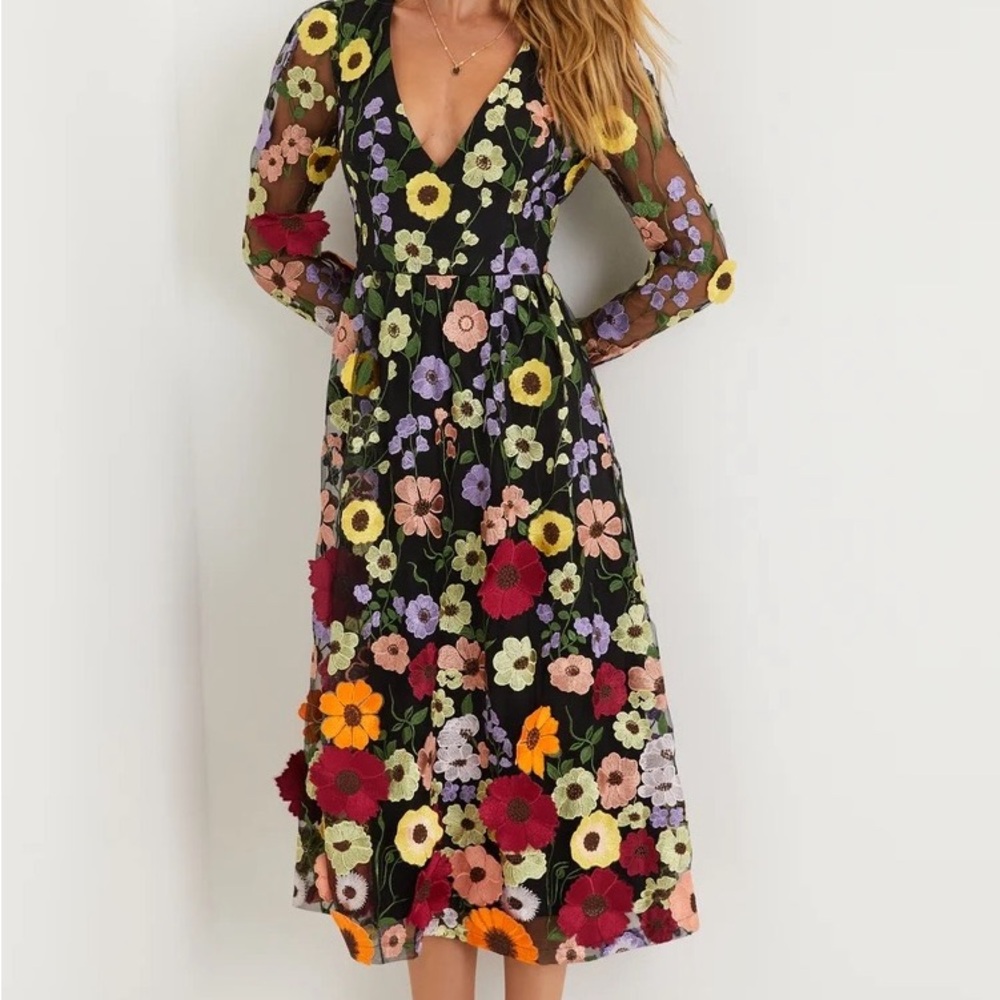 Lulu's Black Long Sleeve Floral Mesh Midi Dress